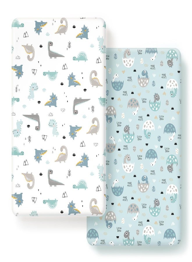 GRSSDER Stretchy Ultra Soft Jersey Knit Fitted Pack n Play Sheets Set 2 Pack, Portable/Mini Crib Sheets for Boys, Universal Fit for Pack N Plays Safe and Snug, Happy Dinosaurs for Baby - Image 1